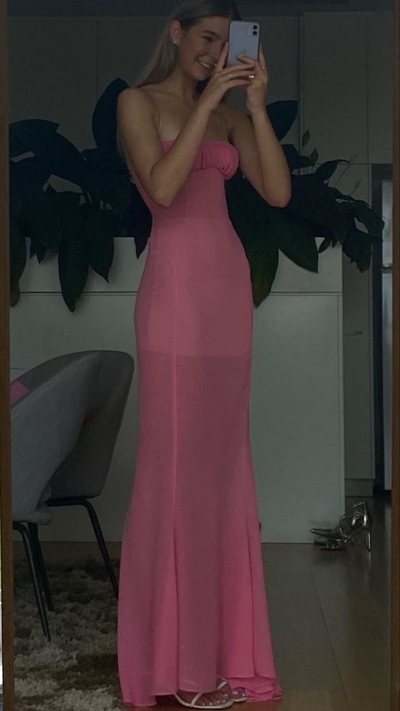 Elegant Pink Chiffon Sheath Long Prom Dress Evening Gown