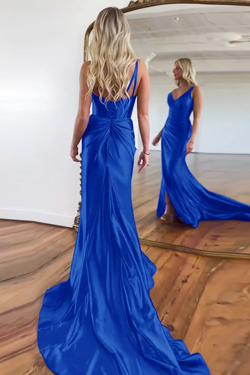 Purple Mermaid V-Neck Zipper Back Satin Long Prom Dress With Split - View 5 | VelvetHem