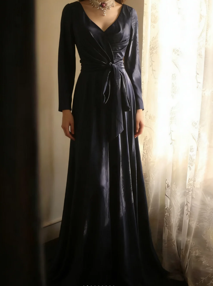 Elegant V Neck Navy Blue Satin Mermaid Long Wedding Guest Dress Formal Birthday Evening Dress - View 2 | VelvetHem