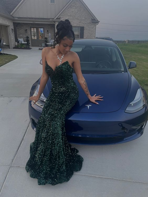 Green Strapless Sequined Mermaid Prom Dress Evening Gown Y6511 - VelvetHem