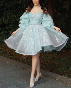 Short Puffy Sleeves Beaded Tulle Homecoming Dresses - VelvetHem