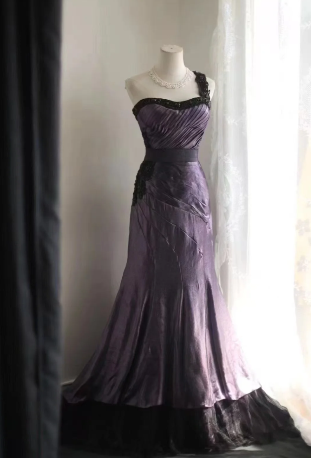Unique One Shoulder Purple Satin Pleated Tulle Appliques Long Party Dress Birthday Prom Dress