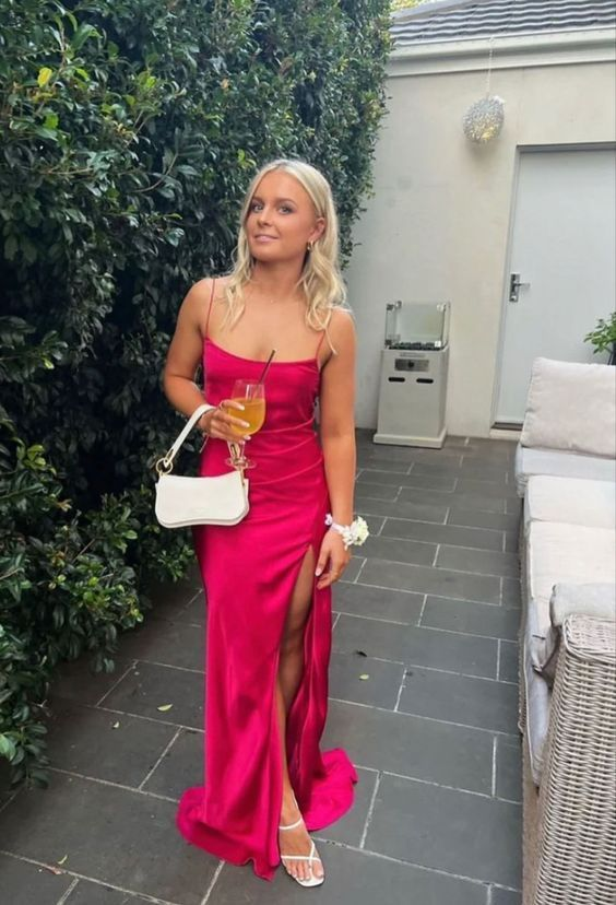 Sexy Straps Hot Pink Mermaid Slit Prom Dress Long Party Dress - VelvetHem