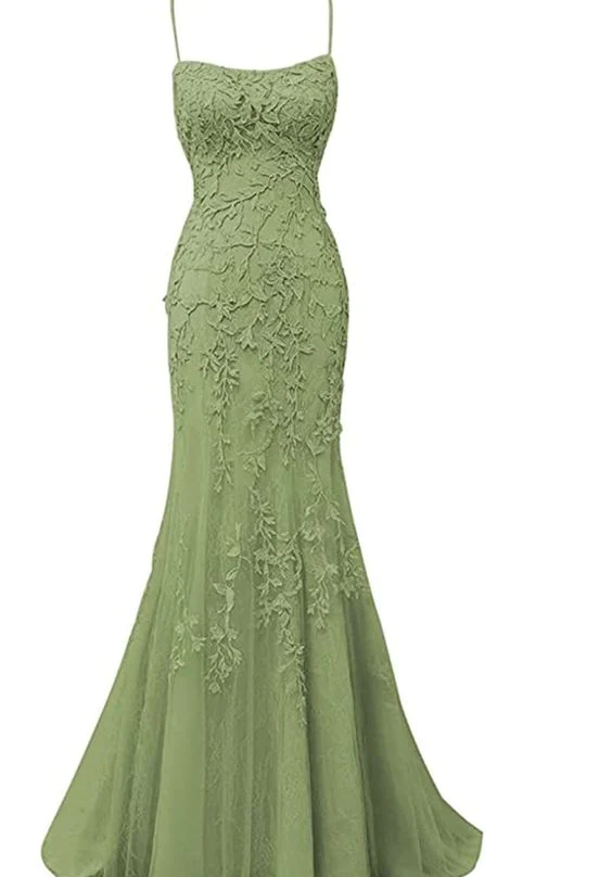 Sage Green Lace Appliques Dresses Long Prom Dress Mermaid Spaghetti Straps Evening Dress - VelvetHem