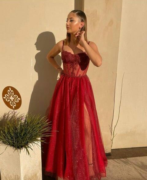 A-line Sweetheart Spaghetti Straps Tulle Glitter Prom Dress With Applique - View 2 | VelvetHem