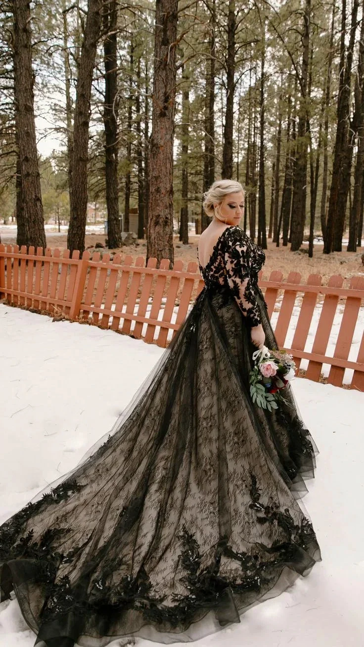 Glamorous Black Lace Wedding Dress,Gothic Bridal Gown (ZD13719) - VelvetHem