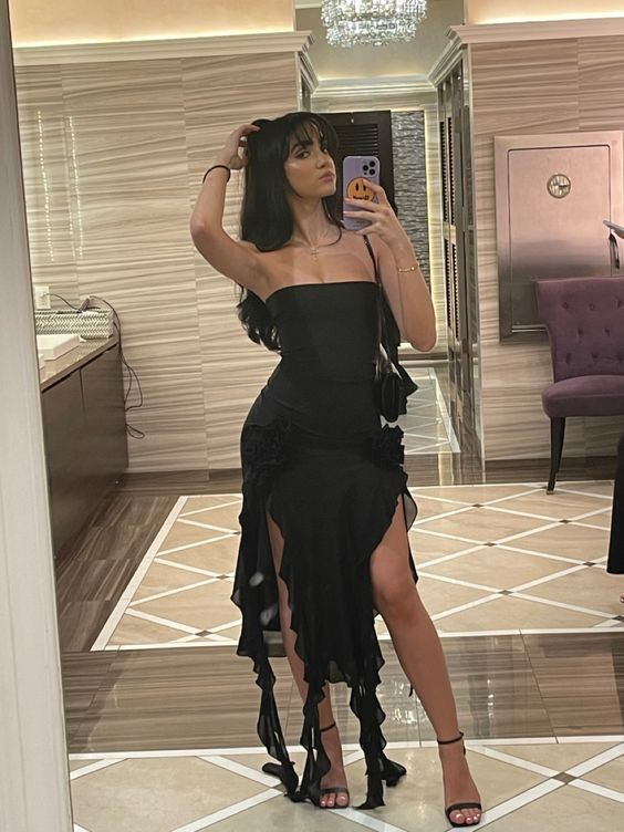 Sexy Black Strapless Black Slit Prom Dress Ruffles Party Dress With Floral - VelvetHem