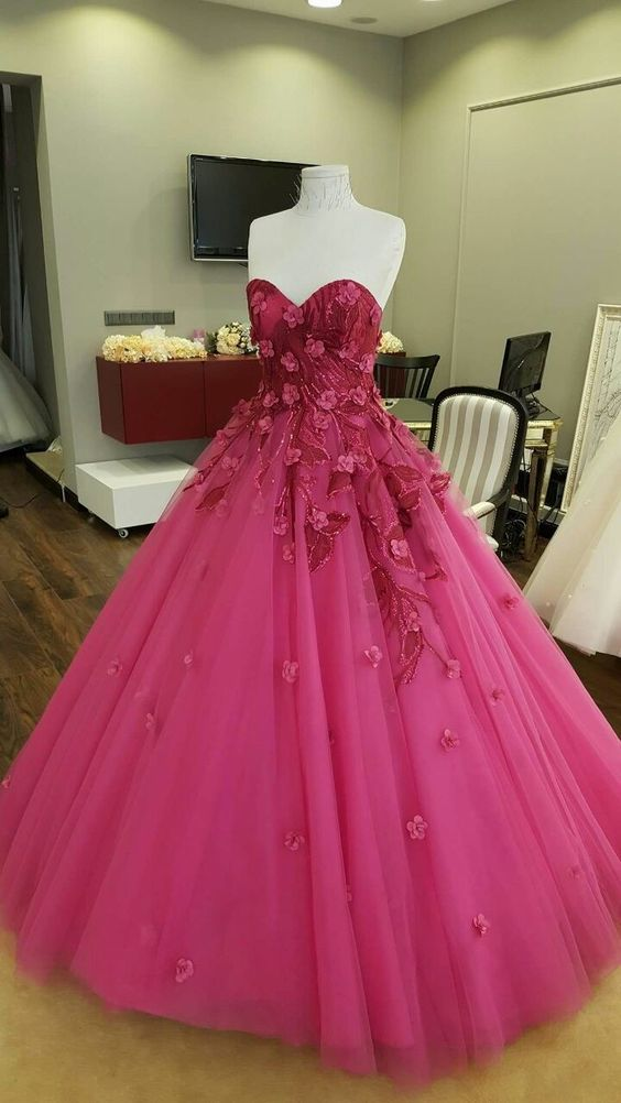 Sweetheart Neck Tulle Elegant Simple Floral Ball Gown Sweet 16 Dress - VelvetHem