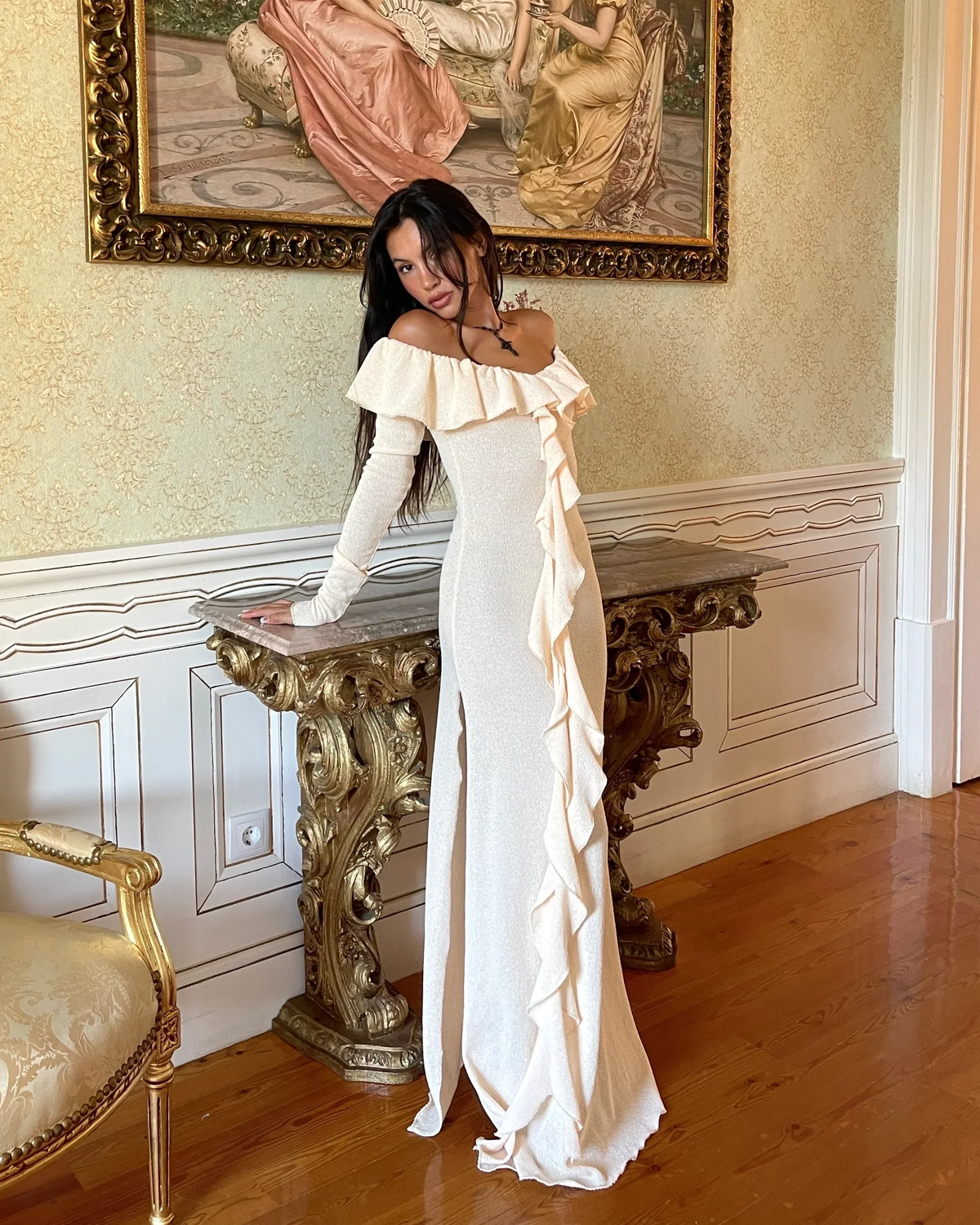 Classy Off The Shoulder Ruffles Cream Long Prom Dress Slit Party Evening Dress Y7975 - VelvetHem