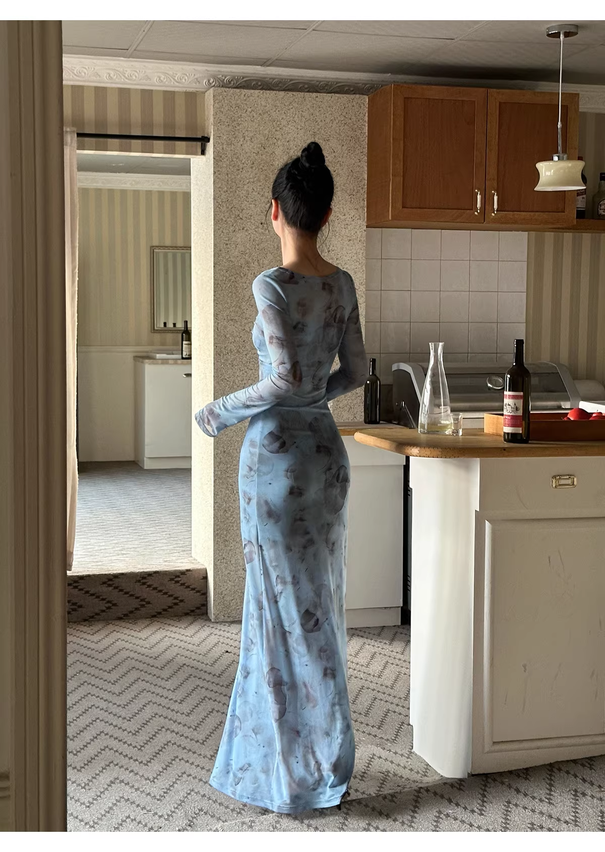Charming V Neck Blue Lace Sheath Long Evening Dress Formal Wedding Guest Dress - View 4 | VelvetHem