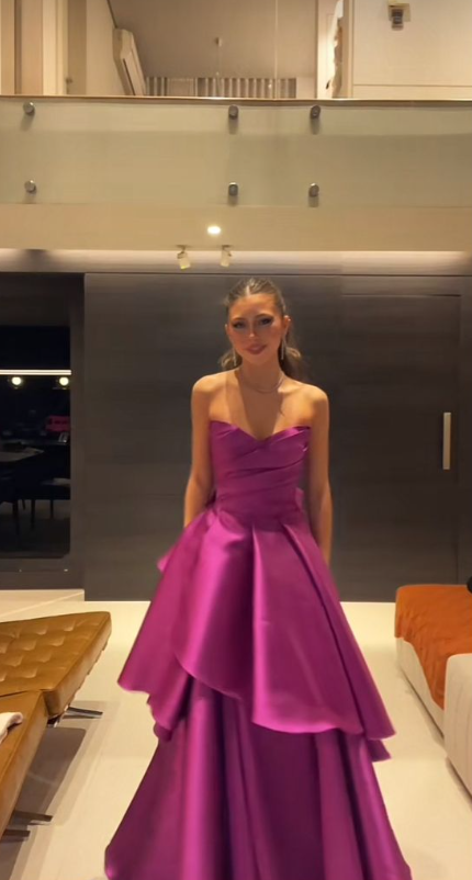 Elegant Strapless Hot Pink Satin Layered Long Evening Dress Formal Wedding Guest Dress