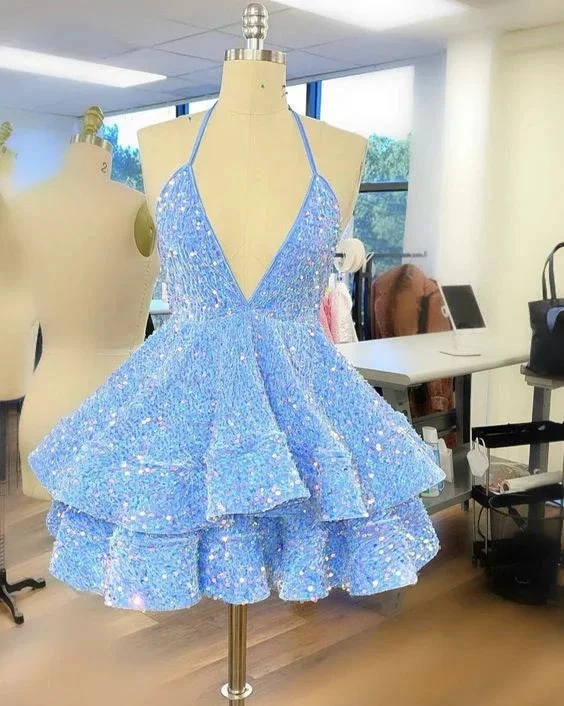 Blue Sequin Short Party Dress Homecoming Dress (ZD12395) - VelvetHem