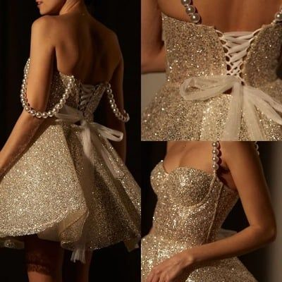 Glitter Champagne Sequin A Line Homecoming Dress Cocktail Dress Spaghetti Straps Short Birthday Dress - View 4 | VelvetHem