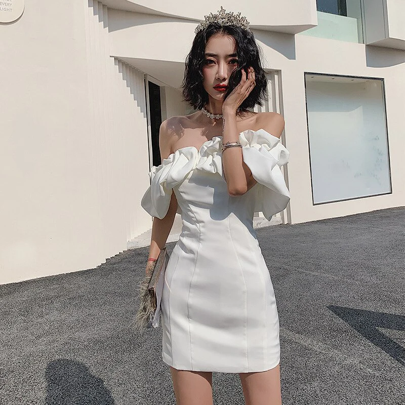 Black White Women Short Dress Pretty Mini Party Dress Ruffules Neckline Homecoming Dress - VelvetHem