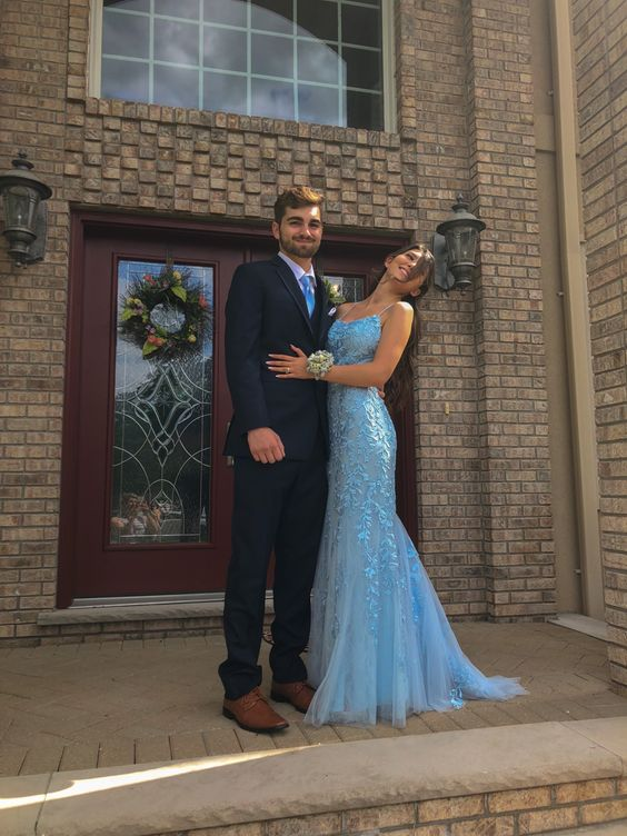 Sky Blue Spaghetti Straps Open Back Long Prom Dress - View 2 | VelvetHem