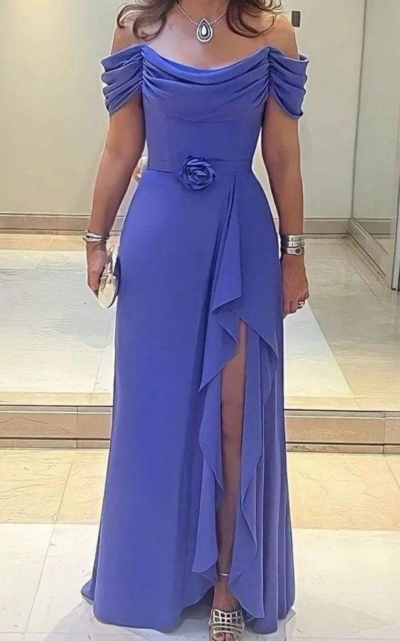Lavender Side Split Mother of the Bride Dresses Pleated Wedding Guest Dress Off Shoulder Neckline Chiffon A Line Evening Dress Y6050 - VelvetHem