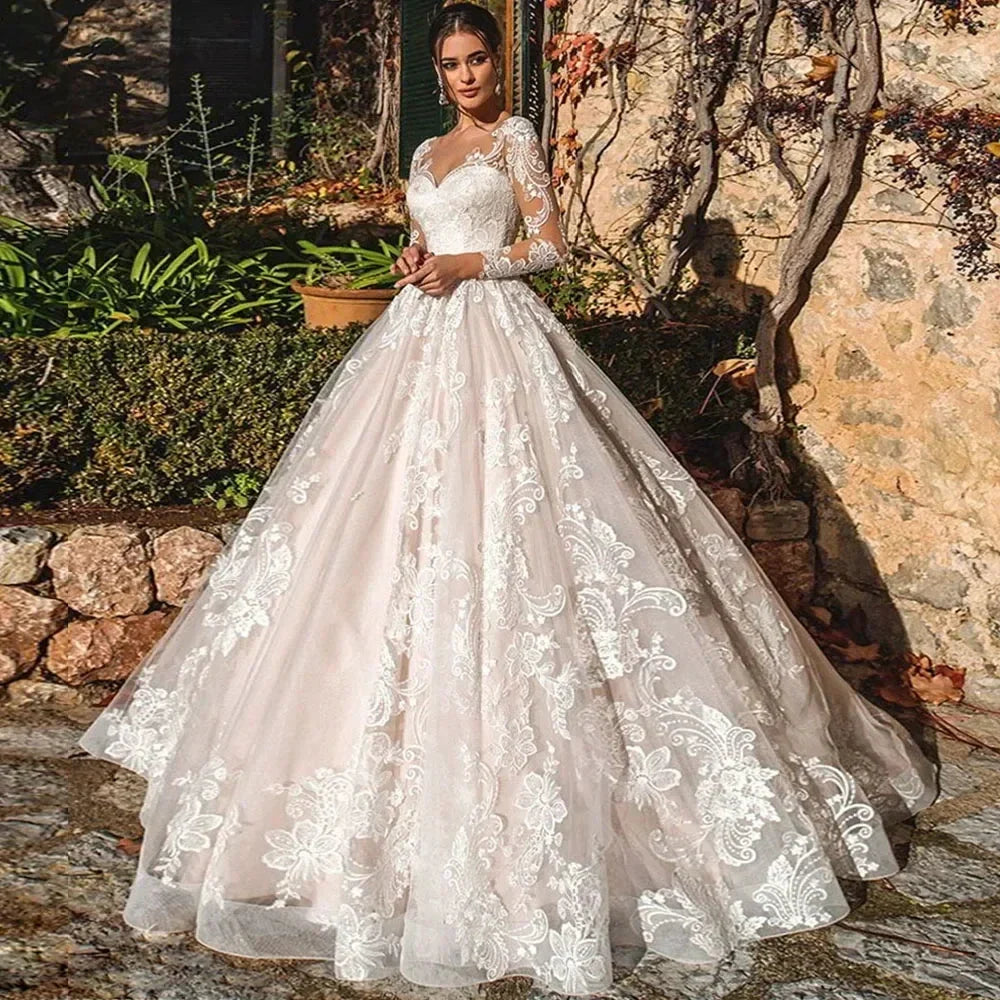 Ramanda Exquisite Lace Appliques Ball Gown Long Sleeves Wedding Dress For Bride Buttons Illusion Back Court Train Bridal Gown (ZD13338) - VelvetHem