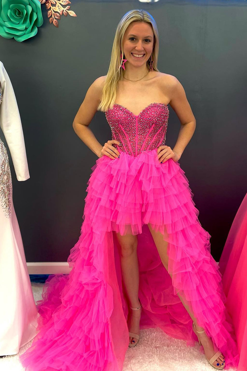 Red Homecoming Dresses Beaded A-Line Tiered High Low Prom Prom Dress