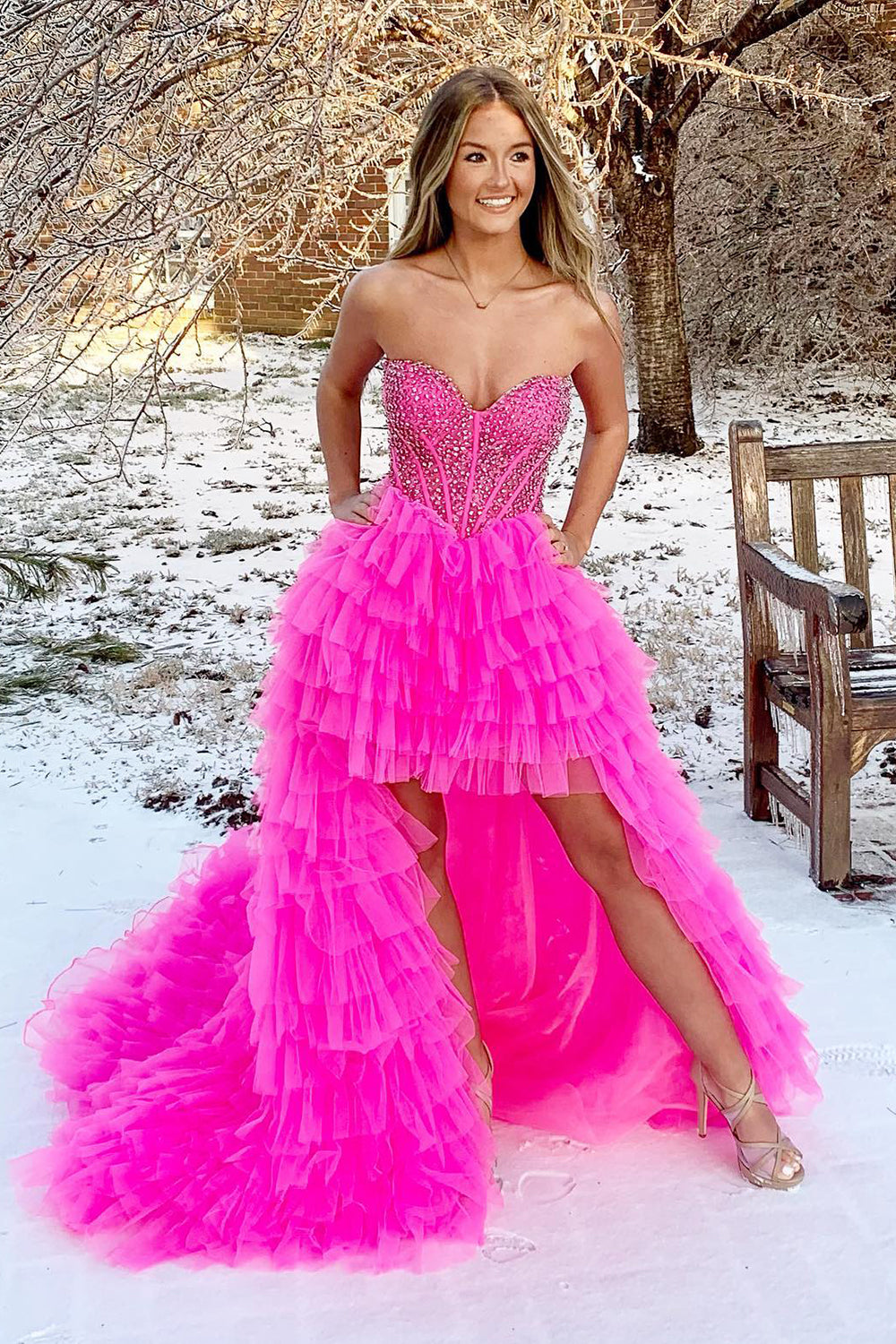 Red Homecoming Dresses Beaded A-Line Tiered High Low Prom Prom Dress