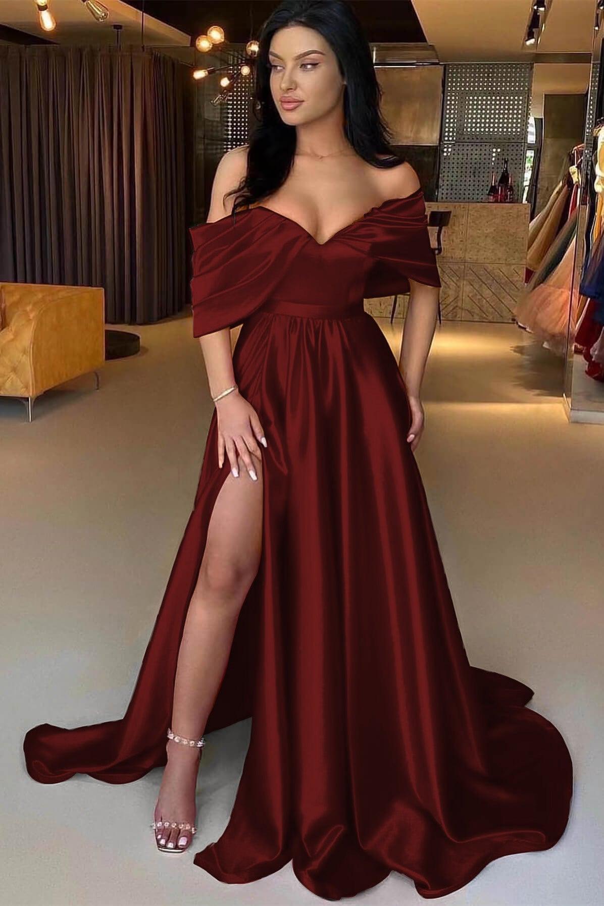 Red Prom Dress A Line Off the Shoulder Strapless Long Evening Formal Dress With Split