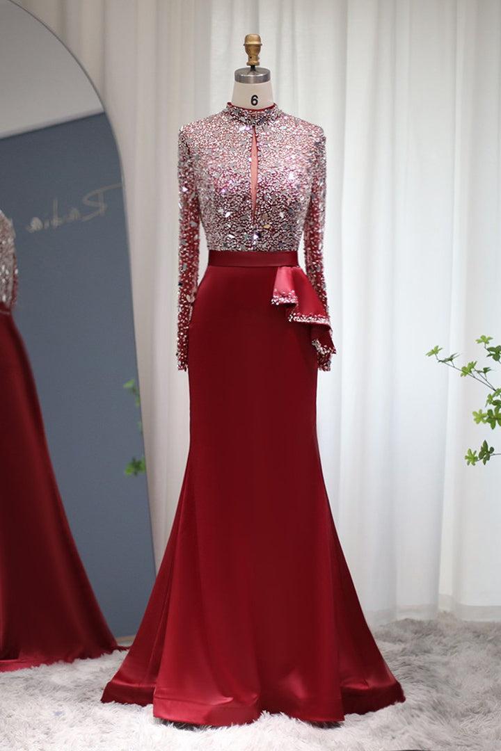 Red Prom Dress Jewel Neck Mermaid Evening Formal Dress Long Sleeves With Sequins