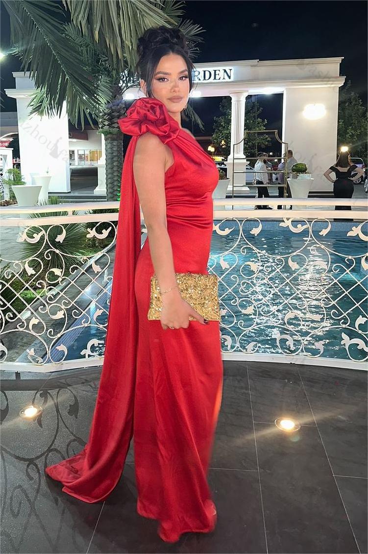 Red Prom Dress Satin One Shoulder Sleeveless Long Evening Formal Dress With Pleated