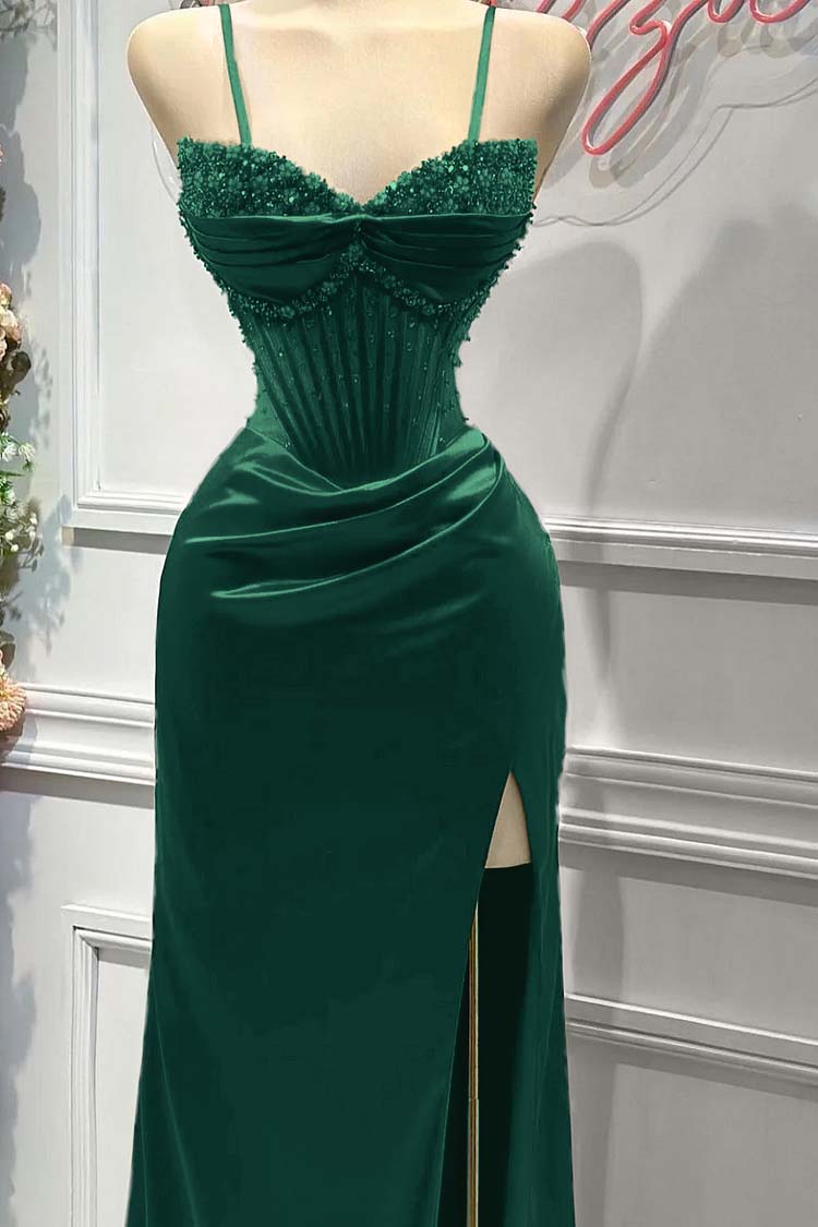 Red Prom Dress Spaghetti Strap Sleeveless Beading Long Evening Formal Dress With Split
