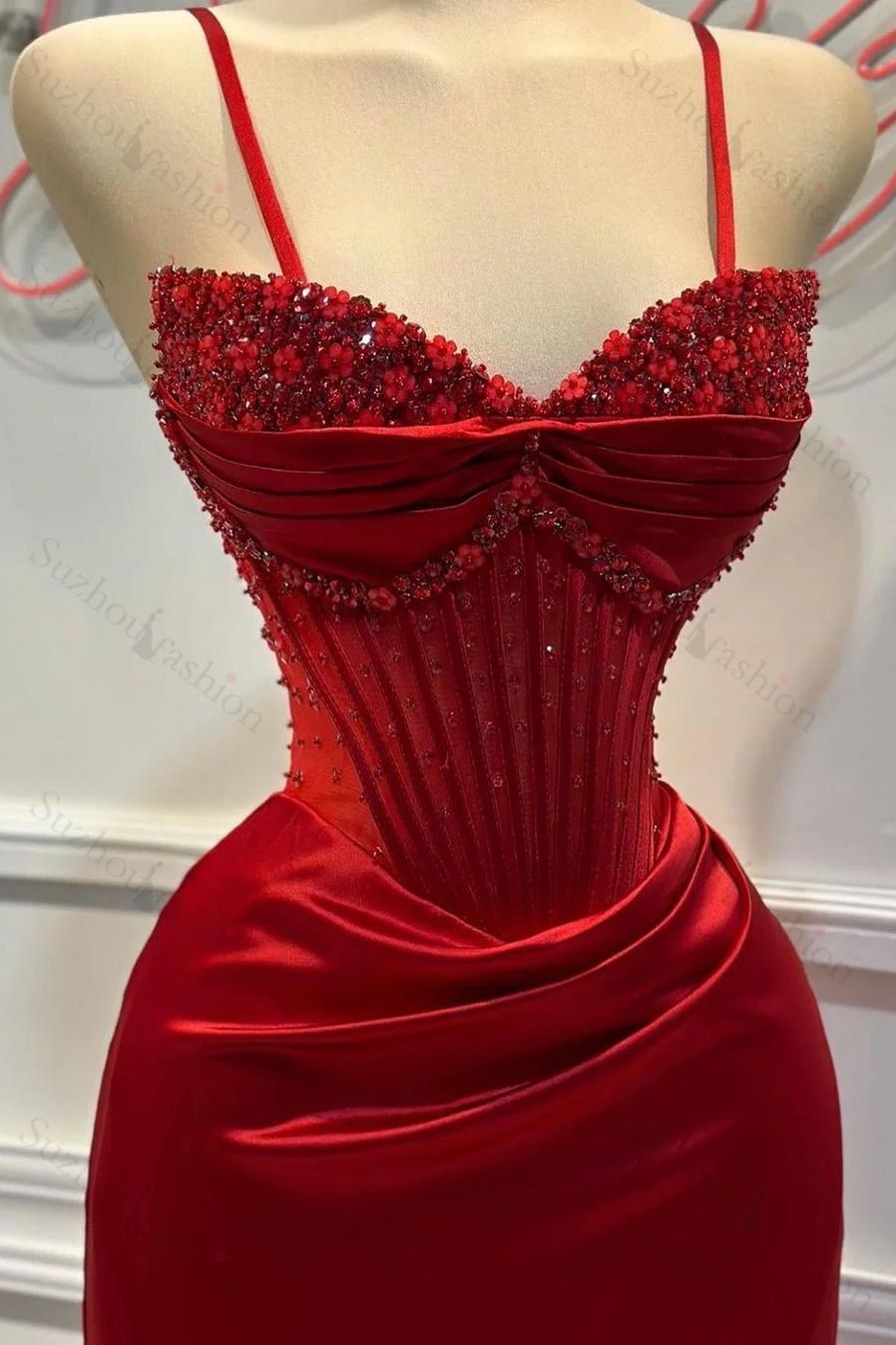 Red Prom Dress Spaghetti Strap Sleeveless Beading Long Evening Formal Dress With Split
