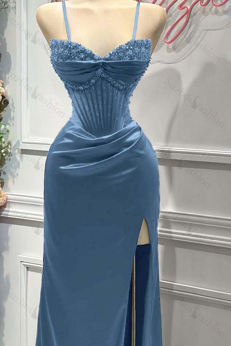 Red Prom Dress Spaghetti Strap Sleeveless Beading Long Evening Formal Dress With Split