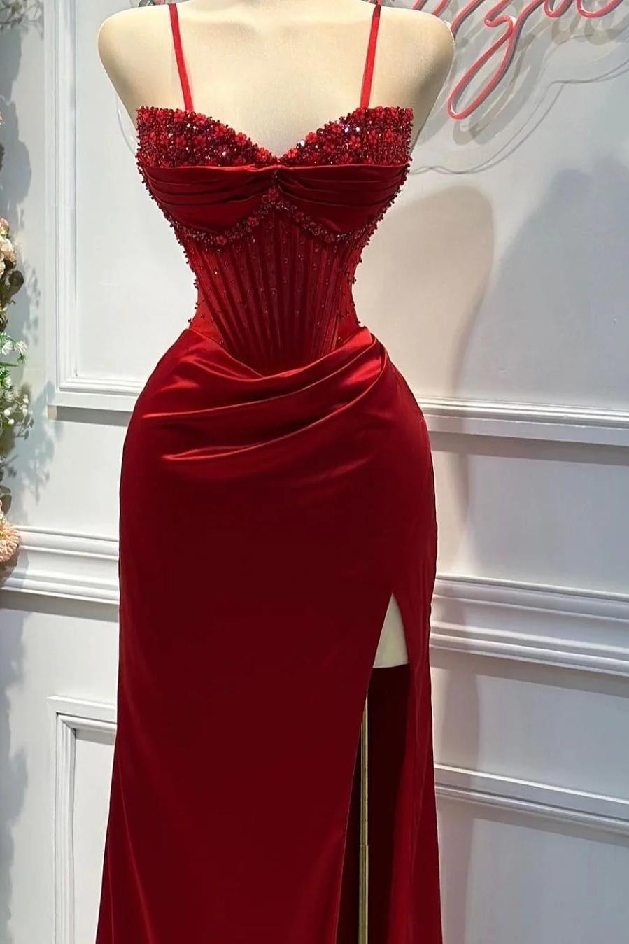 Red Prom Dress Spaghetti Strap Sleeveless Beading Long Evening Formal Dress With Split