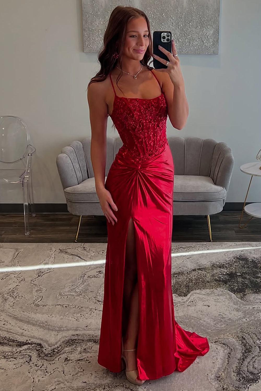 Red Prom Dress Spaghetti Straps Ruhed Long Lace Formal Dress With Appliques