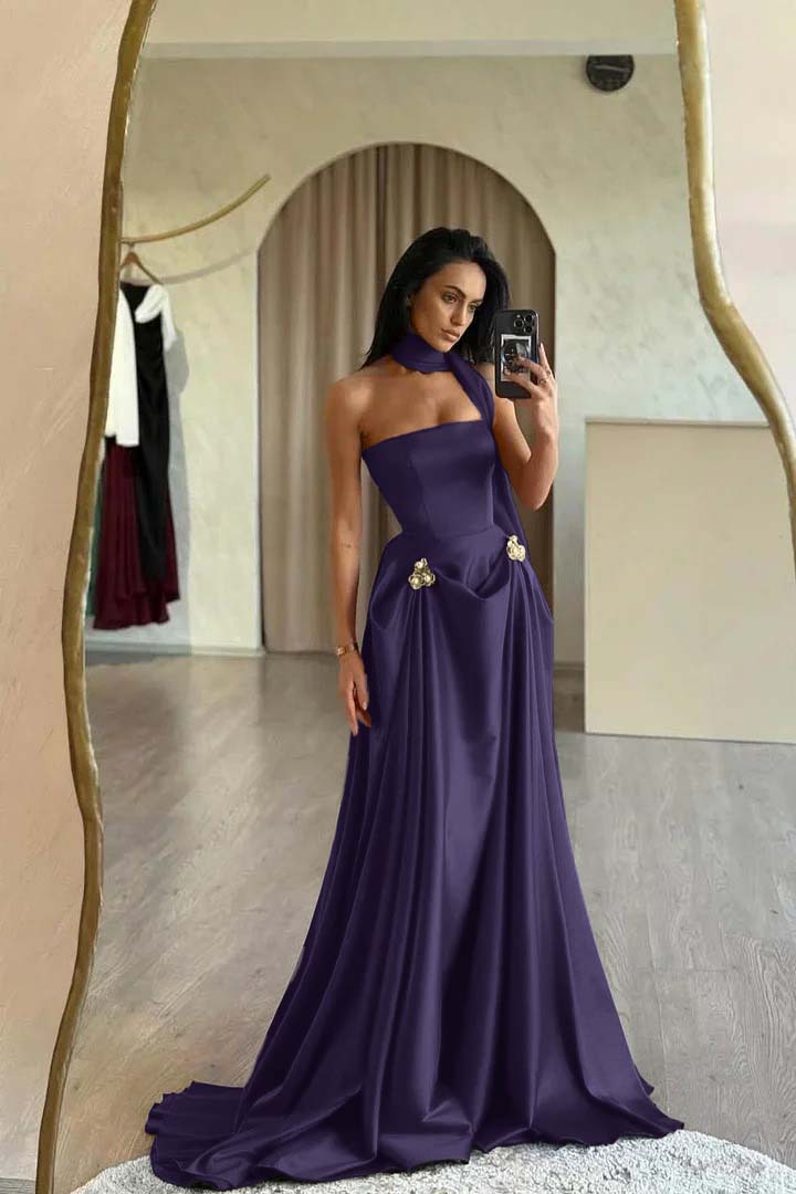 Red Prom Dress Strapless A Line Sleeveless Floor Length Satin Simple Formal Dress With Sash