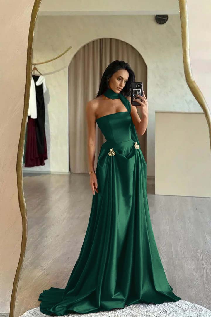 Red Prom Dress Strapless A Line Sleeveless Floor Length Satin Simple Formal Dress With Sash