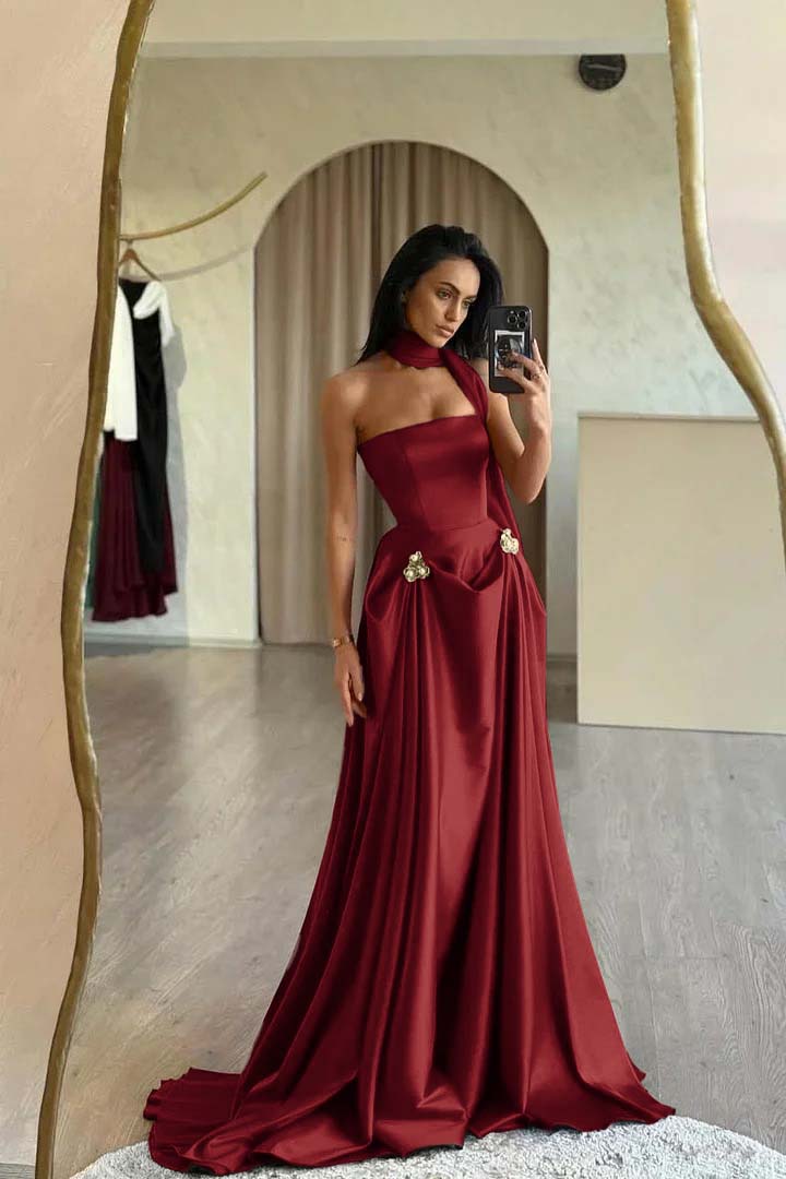 Red Prom Dress Strapless A Line Sleeveless Floor Length Satin Simple Formal Dress With Sash