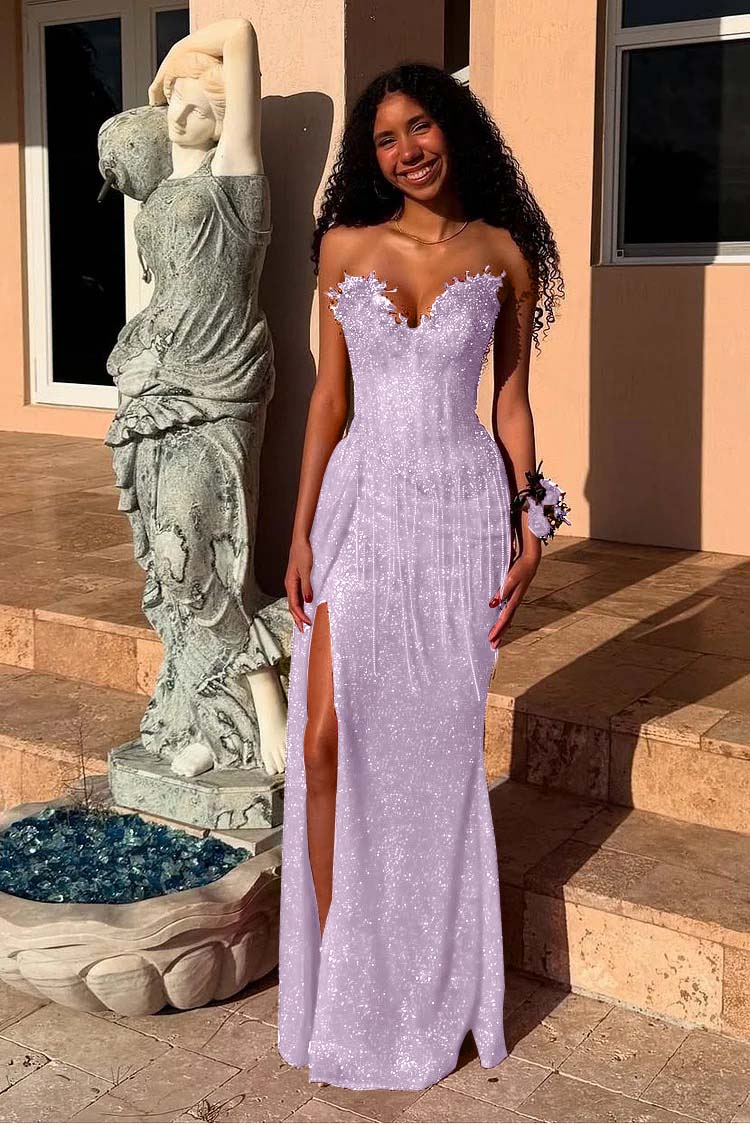 Red Prom Dress Strapless Sleeveless Long Mermaid Evening Formal Dress With Sequined Split