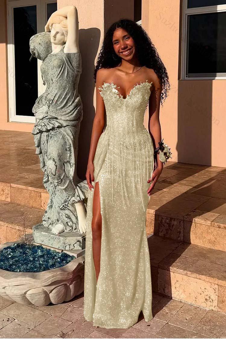 Red Prom Dress Strapless Sleeveless Long Mermaid Evening Formal Dress With Sequined Split