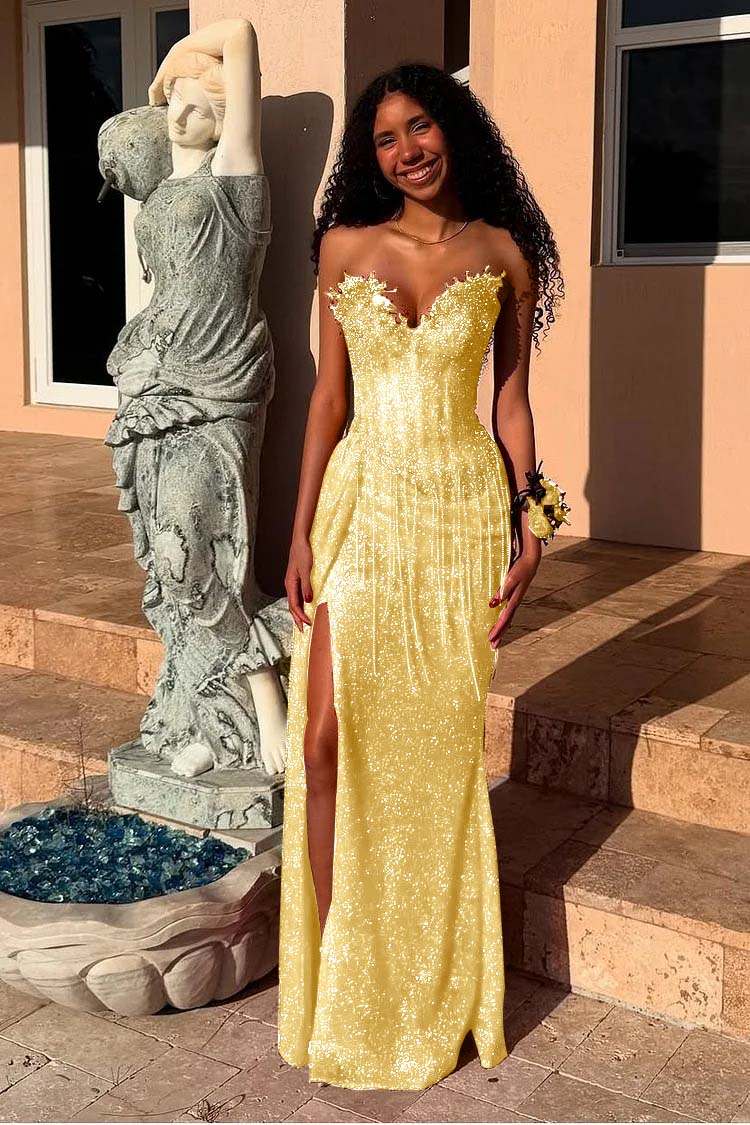 Red Prom Dress Strapless Sleeveless Long Mermaid Evening Formal Dress With Sequined Split
