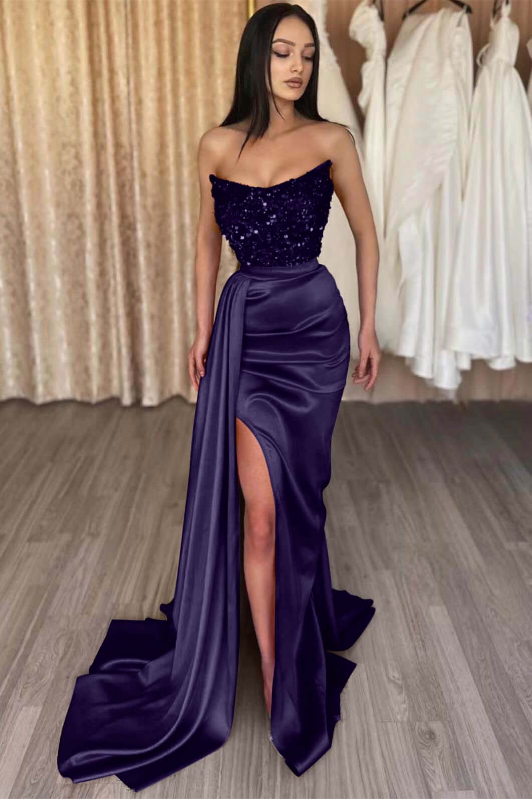 Red Prom Dress Strapless Sleeveless Long Sequined Evening Formal Dress Mermaid Side Split