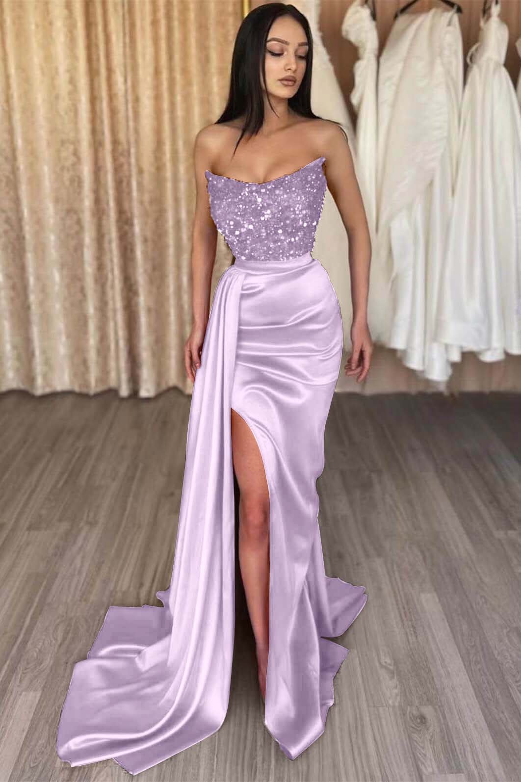 Red Prom Dress Strapless Sleeveless Long Sequined Evening Formal Dress Mermaid Side Split