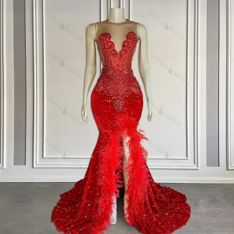 Red Sleeveless Sequins Mermaid Formal Dresses with Front Slit Beadings and Feathers
