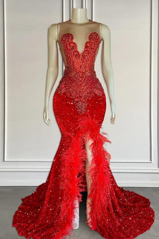 Red Sleeveless Sequins Mermaid Formal Dresses with Front Slit Beadings and Feathers