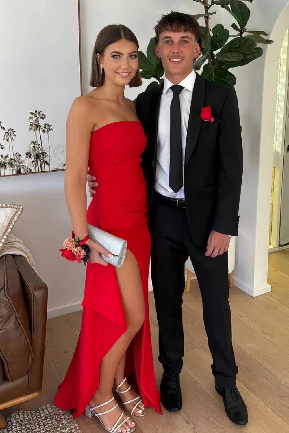 Suzhoufashion Red Strapless Ruched Strapless Long Mermaid Prom Dress With High Slit Formal Evening Gown