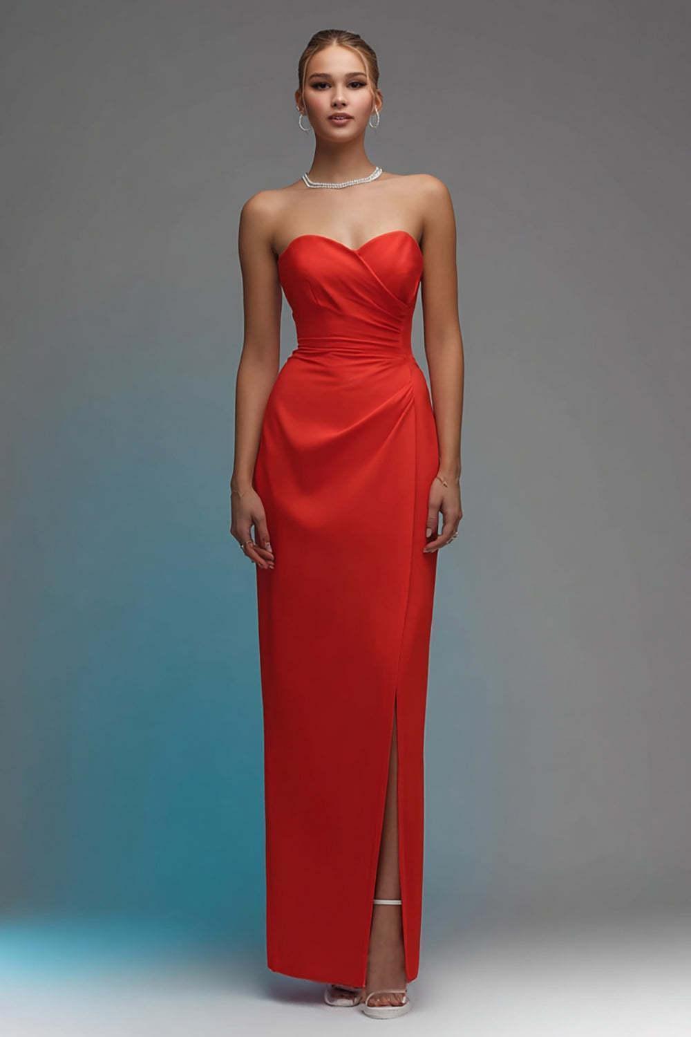 Suzhoufashion Red Sweetheart Ruched Long Sheath Prom Dress With Slit