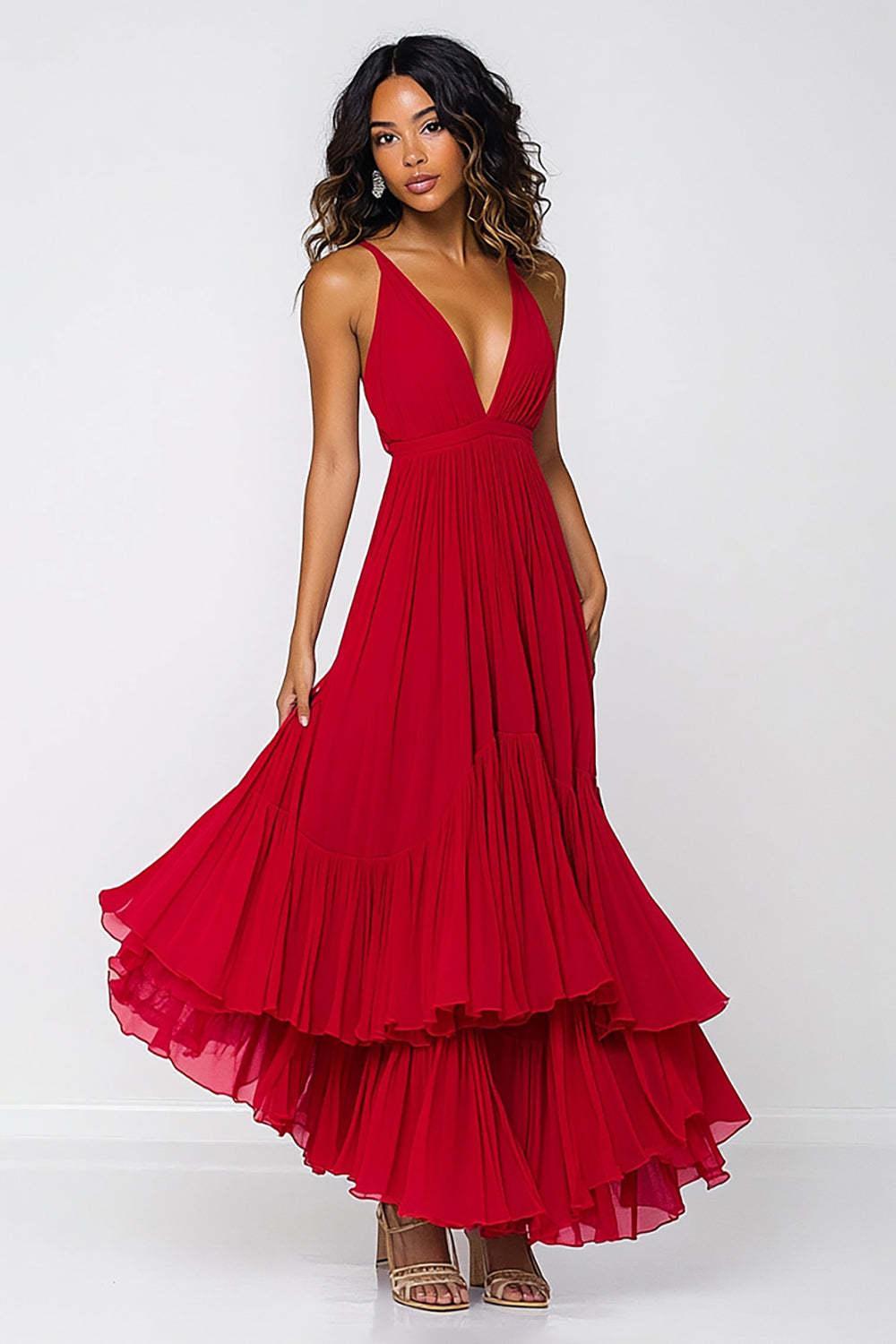 Red Wedding Guest Dress Deep V-Neck Pleated Ruffled Long Chiffon Formal Dress