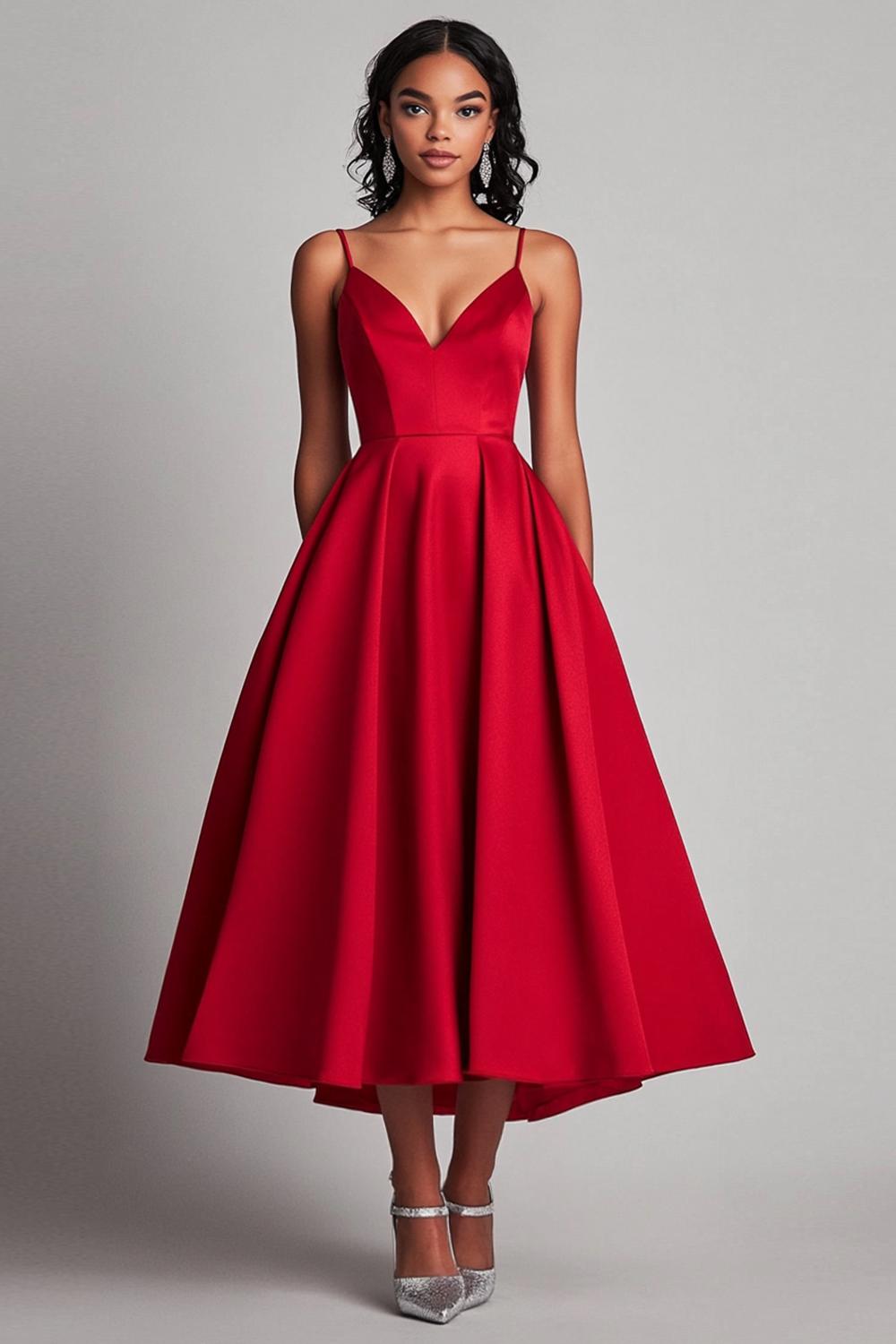 Red Wedding Guest Dress Satin A-Line Tea Length Spaghetti Straps Formal Dress