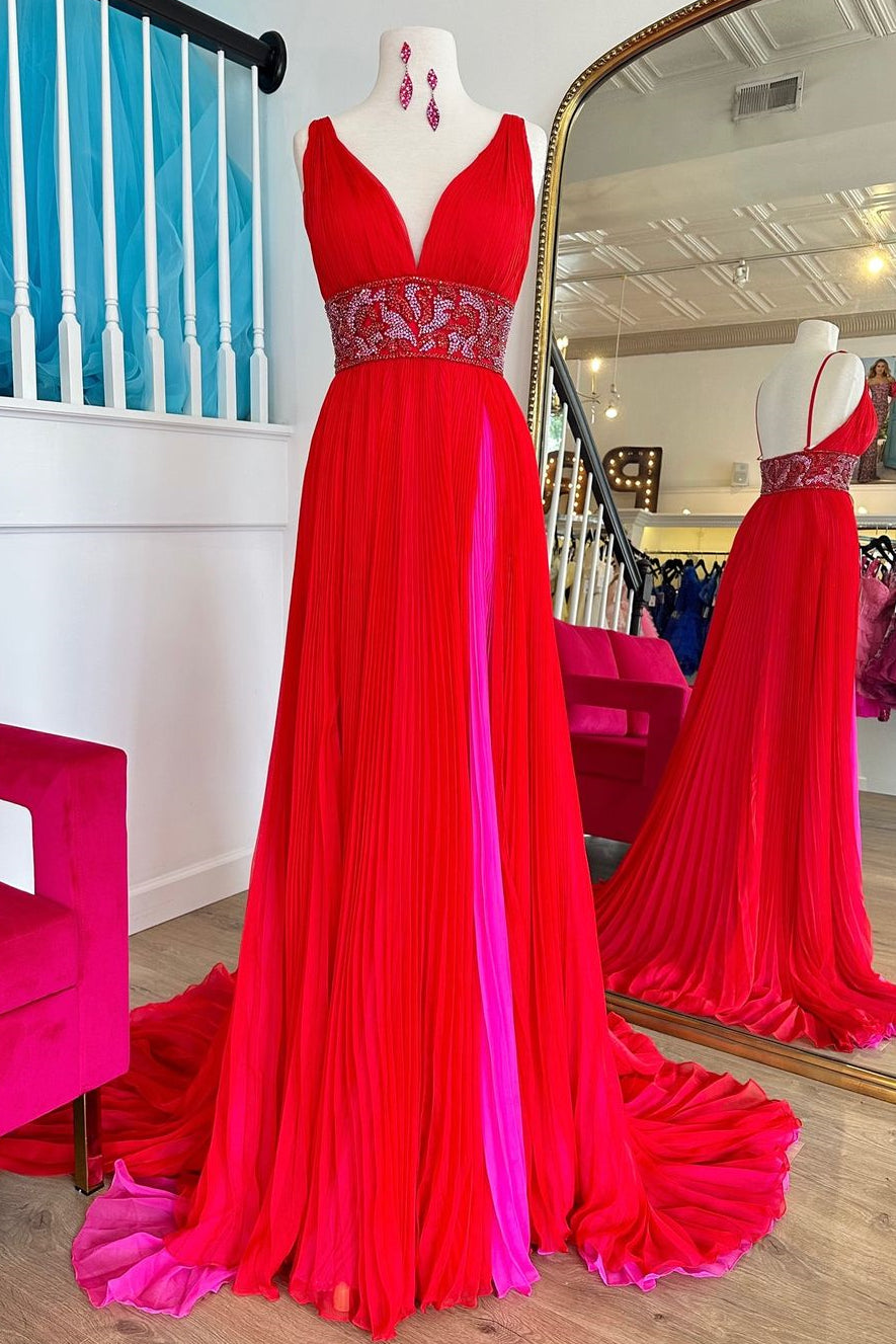 Red A-Line V-Neck Court Train Prom Dress with Beaded Belt and Slit - VelvetHem