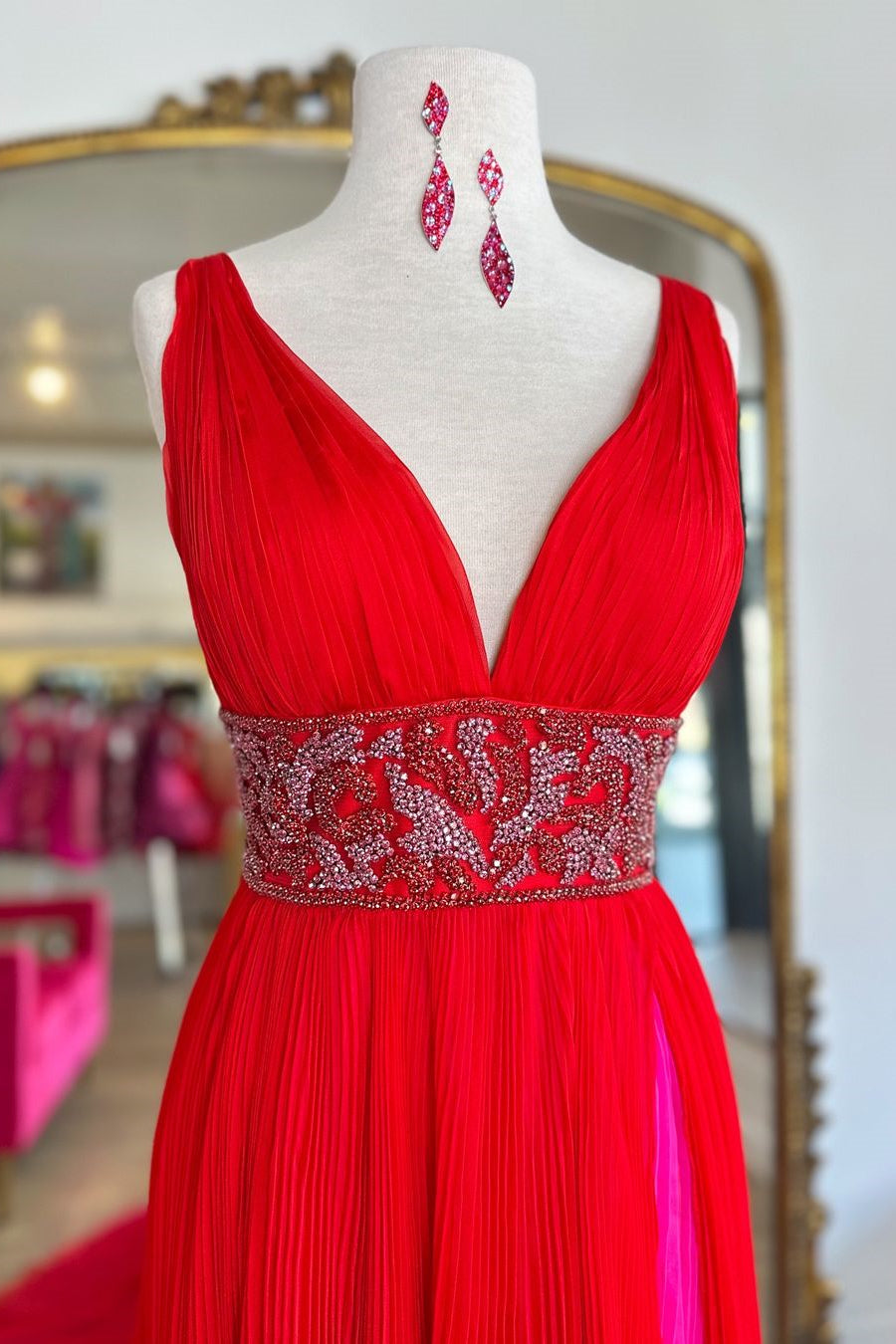 Red A-Line V-Neck Court Train Prom Dress with Beaded Belt and Slit - View 3 | VelvetHem