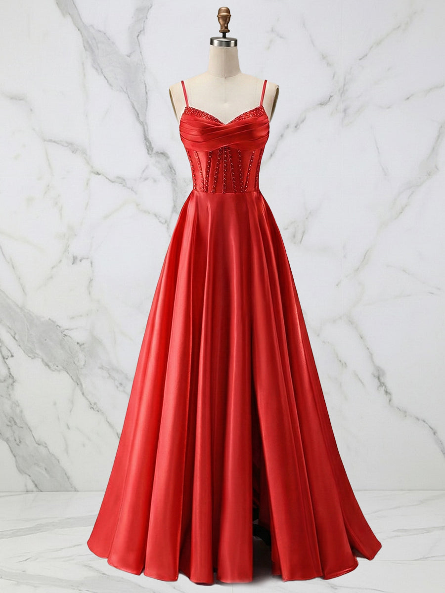 Red Satin A Line Corset Prom Dress with Beaded Boning - VelvetHem