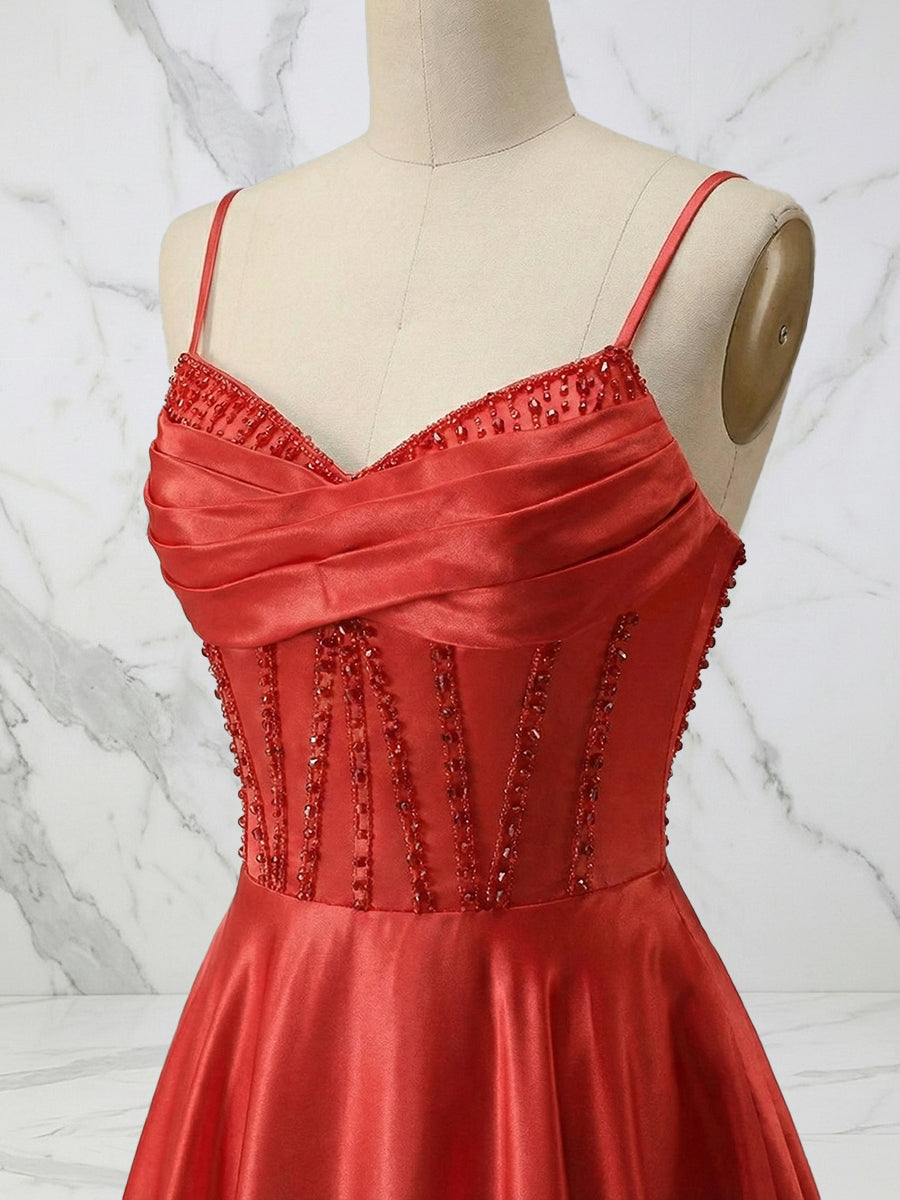 Red Satin A Line Corset Prom Dress with Beaded Boning
