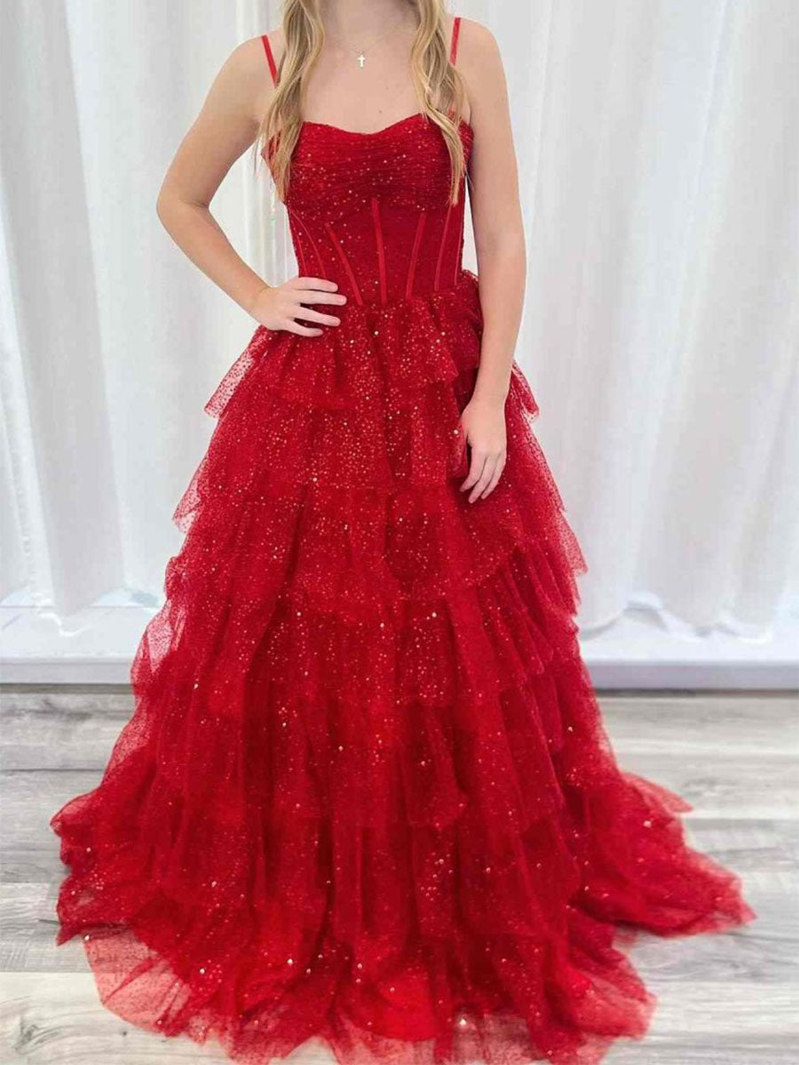 Red Spaghetti Straps Tulle Tiered Ruffle Prom Dress - VelvetHem